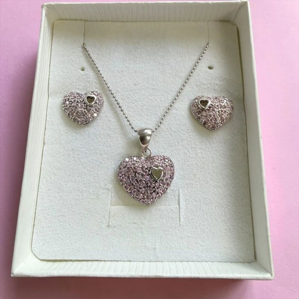 925 Sterling Silver Pink Pave Puffed Heart Pendant Necklace & Earrings Set